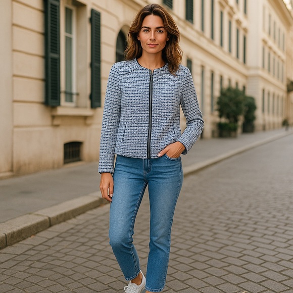 J. CREW White with Blue Hearts Full Zip Cropped Blazer, Size X Small - Picture 2 of 12